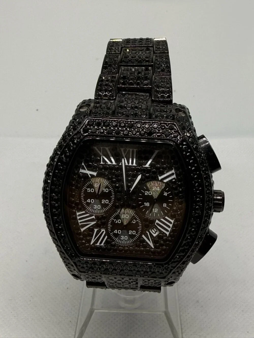Men's Iced Out Diamond Tonneau Chronograph Luminous Quartz Hip Hop Watch